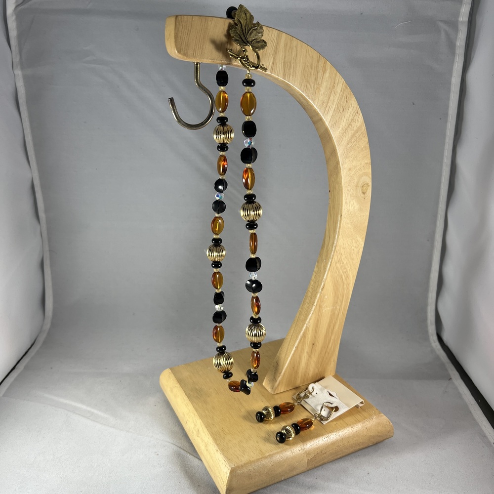 Brown Gold Amber Beaded Necklace Earrings Set Nature Rustic Boho